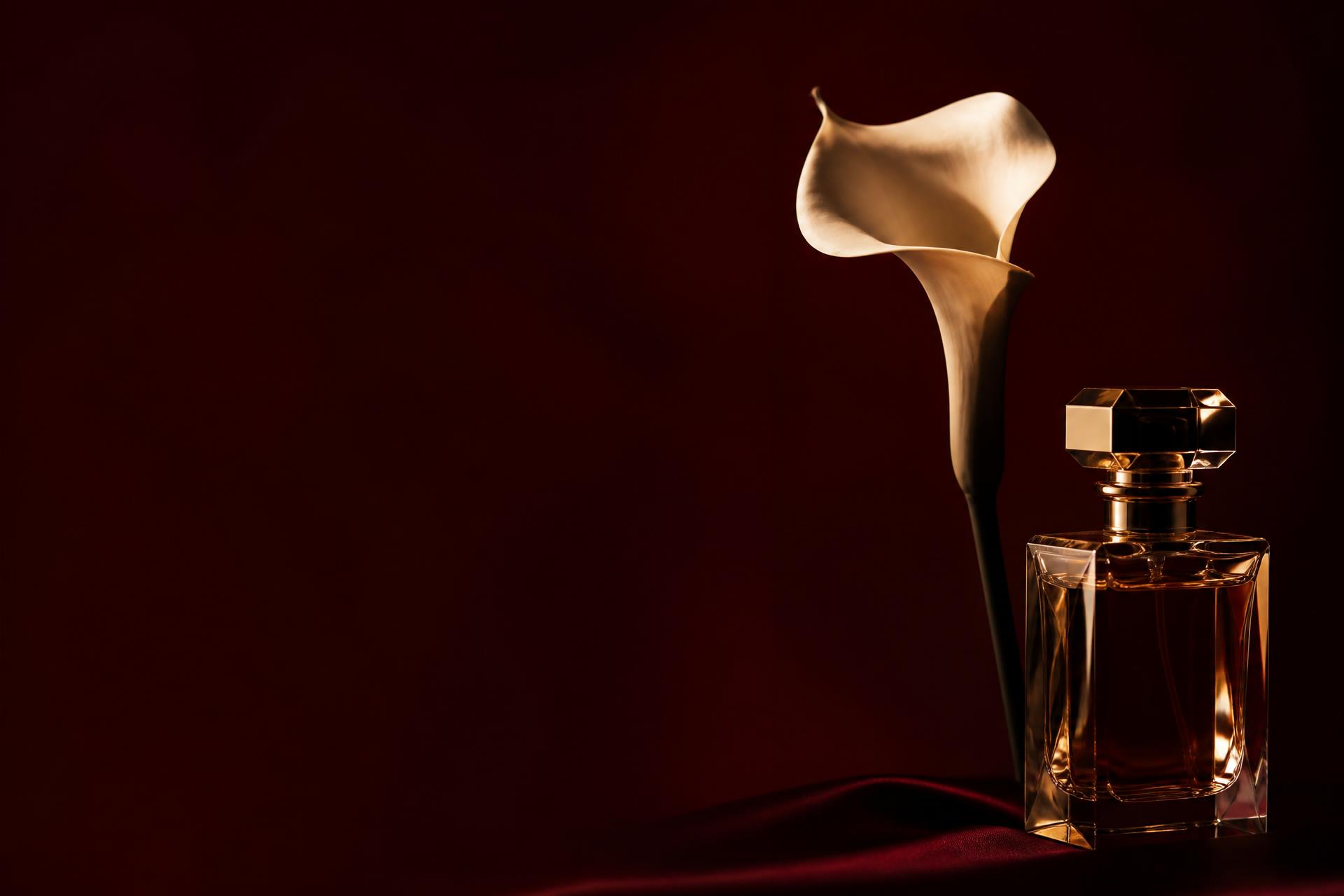 A calla lily and faceted perfume bottle in warm gold light against deep oxblood red